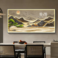 Horloge murale numérique en peinture sur porcelaine à cristaux LED, art de paysage, cadre en diamant pour la décoration de restaurant, support de toile