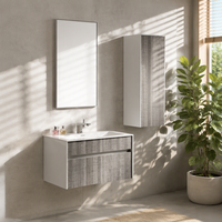 Meuble-lavabo flottant minimaliste blanc et gris avec tiroirs sans poignées, miroir sans cadre et armoire de rangement, certifié CE