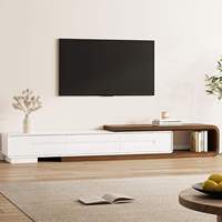 Meuble TV moderne extensible 65-111 à profil bas pour salon, finition blanc noyer, rangement ouvert, coins arrondis