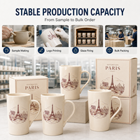 Coffret Cadeau Mug de Voyage Personnalisé avec Logo, Motif Vintage Art Lignaire Paris, Pont Alexandre III, Dôme des Invalides, en Porcelaine Fine