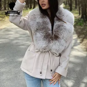 Women's Winter Jacket Nature Fox Fur Collar With Cashmere Slim Woolen Coat Capped Fashion Girls Clothing Autumn Winter Coat