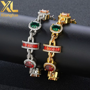 Chaîne à maillons unisexe tendance hip-hop élégante et brillante en laiton coloré avec zircon émeraude 15 mm, sertie de griffes - Product Image 6