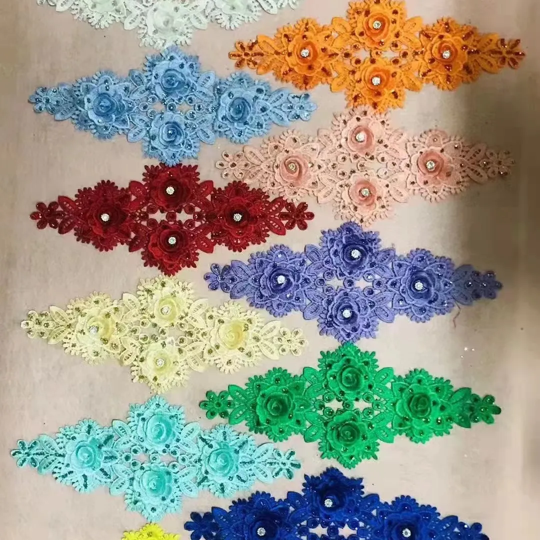 Toptan özel dantel polyester 3D çiçek nakış dantel renkli boncuk dantel kumaş