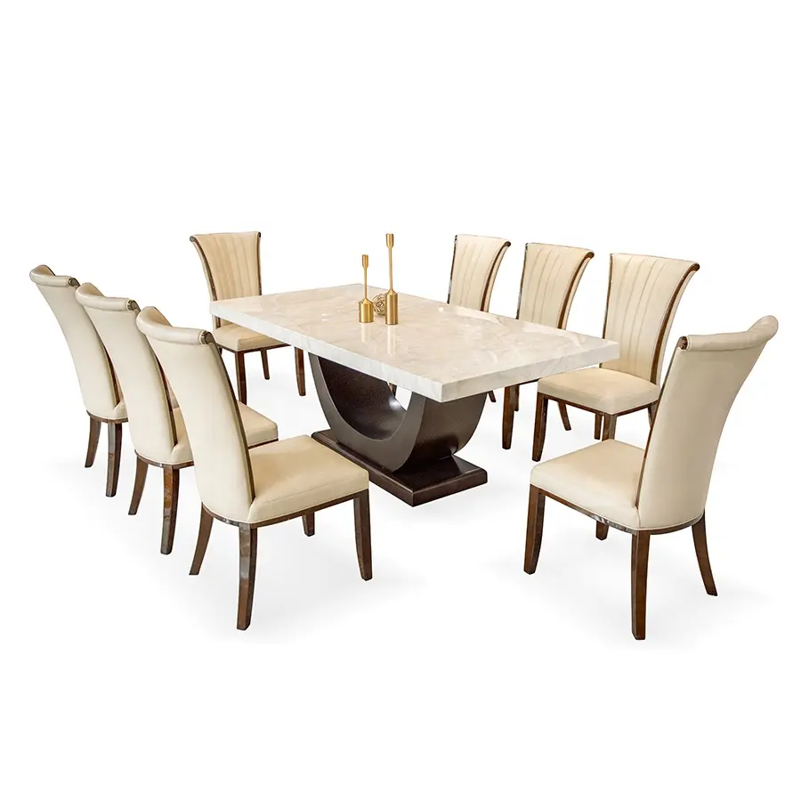 Table à manger en marbre artificiel 8 places avec chaise en cuir