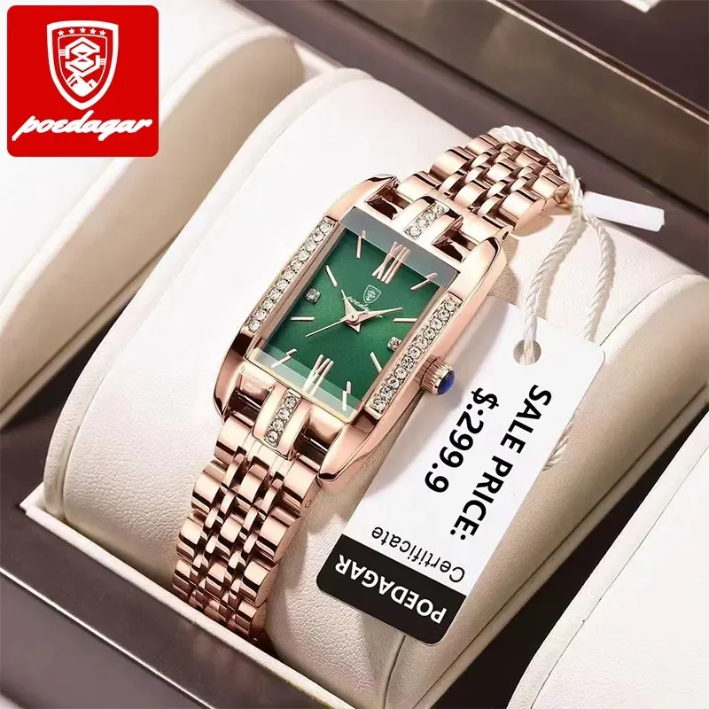 POEDAGAR Women Watch Fashion Luxury Diamond Green Square For Quartz Watches Stainless Steel Waterproof Ladies Wristwatch Gift