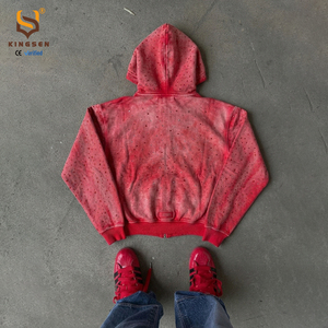 Hoodies personnalisés avec logo du fabricant, style vintage délavé à l'acide, zippés, courts, vierges, avec strass, effet usé, en molleton épais French Terry - Product Image 3