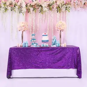 High Quality Seamless Fabric Family Banquet Event Wedding Party Square Table Cloth Purple Rectangular Sequin Tablecloth