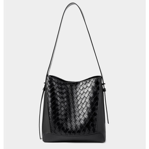 2025 new factory direct sale simple black woven bucket <b>bag</b> leather material <b>wide</b> shoulder <b>strap</b> design - Product Image 5