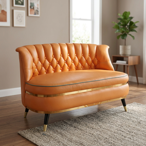 Tufted Genuine Leather Chesterfield <b>Sofa</b> Two Seat Oval Shape Midcentury Modern Design Curved Arms Metal <b>Legs</b> - Product Image 3
