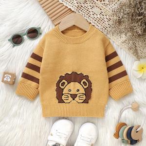 <span class=keywords><strong>Pull</strong></span>-over décontracté et confortable pour bébé et enfant en viscose douce mélangée, jacquard lion, manches à rayures contrastées, col rond - Product Image 1