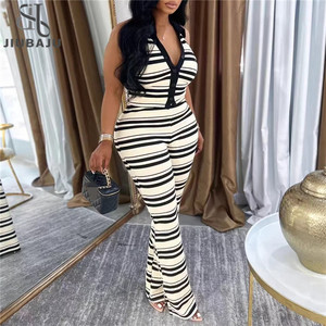 Nouvel ensemble décontracté été <span class=keywords><strong>2026</strong></span> pour femme : haut sans manches rayé à col chemise et pantalon taille haute à nouer - Product Image 1