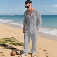 Ensemble décontracté de plage en lin pour homme : chemise ample à revers et pantalon long – Respirant, doux, confortable, tenue de loisirs polyvalente