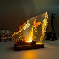 Lampe LED de nuit en résine artisanale, diorama de scène de dragon volant attaquant un château, base en résine transparente, cadeau fait main