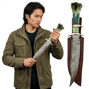 Premium Damascus Steel Straight Edge Clip Point Durable Camping Bowie <b>Knife</b> Green Camel <b>Bone</b> <b>Handle</b> Brass Guard OEM Logo Leather - Product Image 2