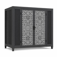 Armoire d'extérieur ventilée en aluminium noir mat, type Mashrabiya, avec double porte battante et motif découpé au laser