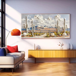 Peinture murale grand format sur toile, paysage de cactus du désert texturé en 3D, peinte à la main, style montagne du Sud-ouest, pour chambre et salon - Product Image 4
