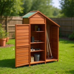 Abri de jardin en bois de pin brun massif, de taille moyenne, avec étagères, pour usage extérieur - Product Image 2