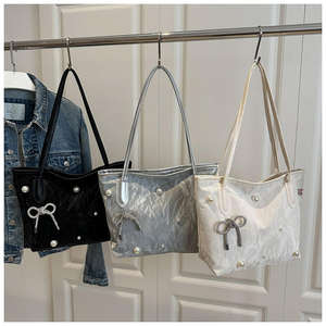 กระเป๋าสะพายไหล่ผู้หญิงแบบมีซิปประดับโบว์มุก PU คุณภาพสูง กระเป๋าโท้ทขนาดใหญ่ทันสมัยรุ่นใหม่ - Product Image 1