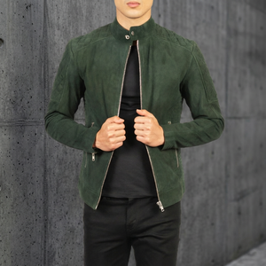 Chaqueta de Motociclista de Gamuza Verde para Hombre, Cuello Alto, Cierre de Cremallera, Corte Ajustado, para Otoño - Product Image 3