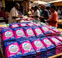 Poudre à lessiver OEM ODM sous marque privée, à points bleus, haute mousse, vente en gros en vrac, logo personnalisé, certifiée Halal ISO, conteneur