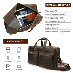 Bolsa de Viaje de Fin de Semana Impermeable de Cuero MARRANT para Hombre con Compartimento para Zapatos, Bolsas de Viaje de Cuero Genuino para Hombre - Product Image 3