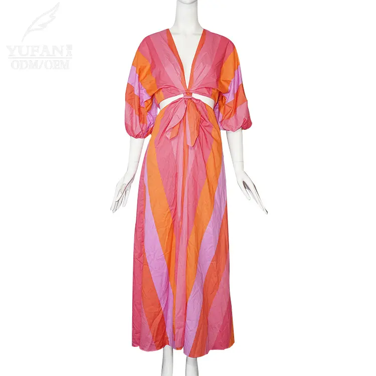 Yufan Tùy Chỉnh Của Phụ Nữ Mùa Hè Bãi Biển Bohemian Dresses Bóng Tay Áo In Hoa Cắt out Voan Maxi Dress