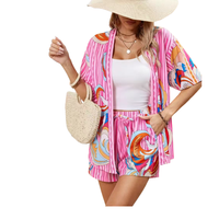 Ensemble deux pièces pour femme en polyester et coton 80g, imprimé bohème, avec short et kimono à manches courtes, tenue de plage, fournisseur ODM