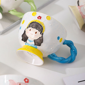 Taza de Desayuno de Cerámica con Doble Relieve Pintado a Mano, Gran Capacidad, Diseño de Niña de Dibujos Animados, para Navidad, Avena, Agua, Leche, Café - Product Image 4