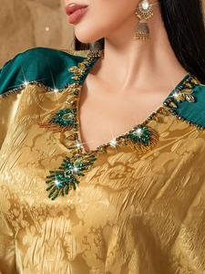 Tissu gingembre fente latérale manches courtes strass décoration col en V femmes musulmanes élégantes Abaya marocaine caftan - Product Image 3