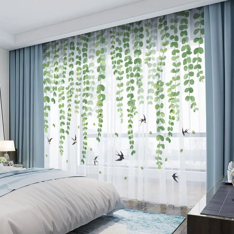 Cortinas de alta qualidade, pastoral, padrão de folhas verdes, cortinas impressas, série de plantas frescas, quarto, sala de estar