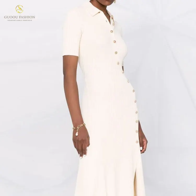 Popüler örgü içi boş örgü tasarım Modal pamuk kadin orta uzunlukta etek kısa kollu düğme örme elbise