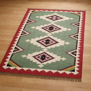 Alfombra de Lana Kilim Dhurrie Hecha a Mano, Ecológica, de Pelo Corto, de Gran Tamaño (9x12), Tejido Plano, Geométrica, Rectangular, para Entrada, Dormitorio o Pasillo - Product Image 1