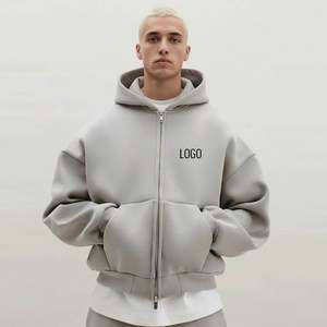 Sweat à capuche personnalisé en molleton bouclette épais 450 g/m² pour homme, veste à double fermeture éclair bidirectionnelle, coupe oversize courte et carrée, streetwear vierge - Product Image 1