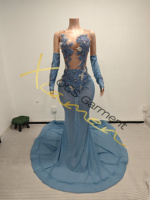 Ocstrade Pronto per la Spedizione - Contattaci Prima dell'Ordine, Abito da Sera con Glitter Azzurro, Strass e Rete Trasparente per Donna, Collezione 2026