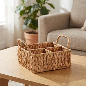 <b>Rectangular</b> Natural Water Hyacinth Storage <b>Basket</b> With Handles Multi Compartment Rustic Design For Home Organization - Product Image 2