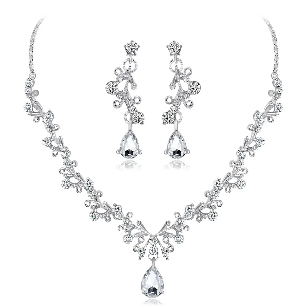 RFJEWEL Women's Wedding Bridal Austrian Crystal Teardrop Cluster Statement Necklace Dangle Earrings Jewelry Set