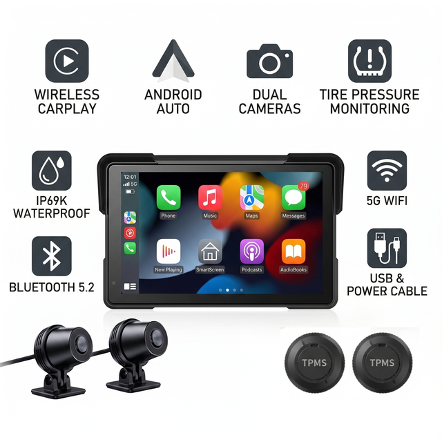 Universal 5" Motorcycle Smart Display Screen 1080P Dual Recording Wireless CarPlay Android Auto IP66 Waterproof Unit