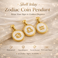 Charmes du zodiaque en coquillages |   Pendentif en forme de pièce de monnaie de 16 mm en acier inoxydable plaqué or 18 carats PVD |   Hypoallergénique, imperméable et résistant au ternissement