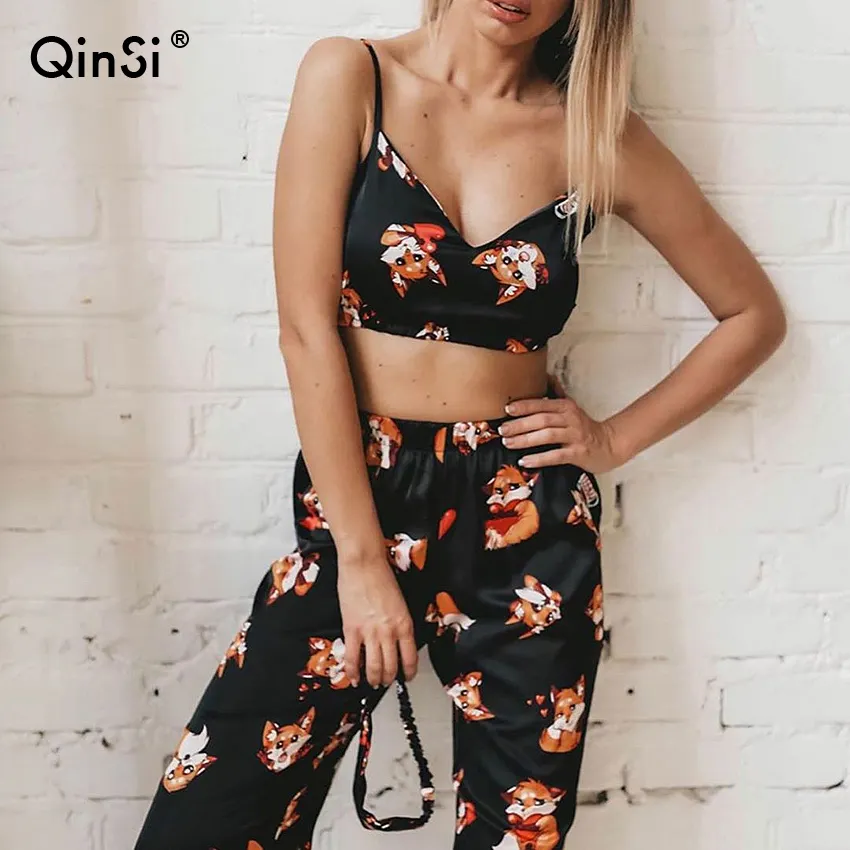 QINSI-Pijama de tirantes finos con estampado de zorro para mujer, conjunto de dos piezas, Top y pantalones, de satén, con cuello de pico, Sexy