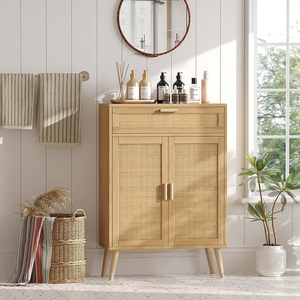 Buffet autoportant en bois et rotin avec 2 portes et grand tiroir organisateur d'armoire de rangement au sol pour la salle de bain - Product Image 4