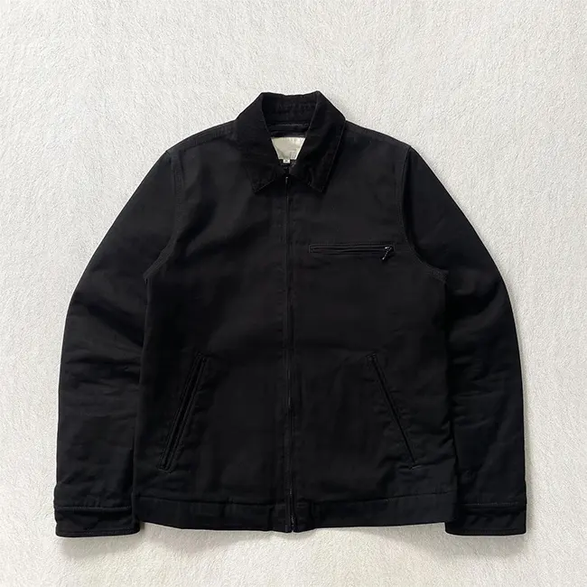 Custom Winter Worker Jacket Black Turn-down Collar Canvas Fleece Lined Metal Zip Up Work Men