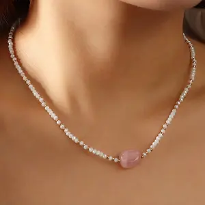 G.T collar de cristal Dainty ccb Faceted White Crystal Bead Pink Natural Stone Gold Plated Beaded Crystal Necklace