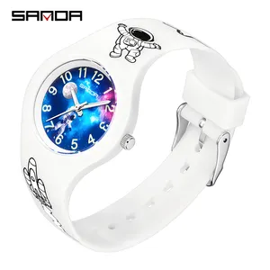 SANDA 6098 Astronaut sports unisex quartz watch stylish Silicone band star universe Luminous iced out student watch set
