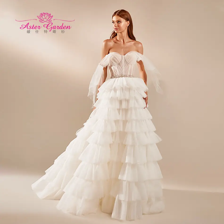 Aster garden A-Line Wedding Dress 2021 Glamorous Sweetheart Flowy Ruffles Tulle Bride Beading Sashes Lace Up Beach Bridal Gown