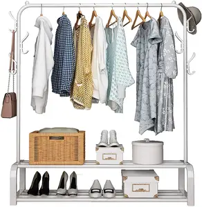 Wholesale Free Standing Clothes Hanging Rail With 2 Tier Shoe Rack Shelves And Hooks