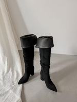 Bottes d'équitation d'hiver à talon épais en cuir véritable, à bout pointu, montantes jusqu'au genou, à enfiler