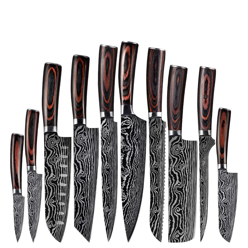 Ensemble de couteaux de cuisine japonais, ensemble de couteaux de cuisine, ensemble de couteaux de Chef en bois Pakka avec ciseaux