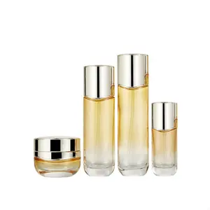 whole set Luxury Glass Package For Cosmetics customized glass pump bottle cosmetics yellow round Empty Cosmetic Packaging Set