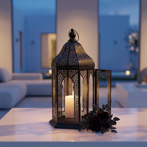 Lanterne à bougie en métal noir de style marocain, exclusive des fabricants, pour la décoration de la maison et des mariages - Product Image 2