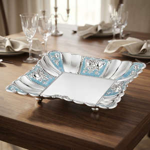 Elegant Polished Metal <b>Serving</b> <b>Tray</b> With Floral Pattern Blue Accents Residential Use - Product Image 3
